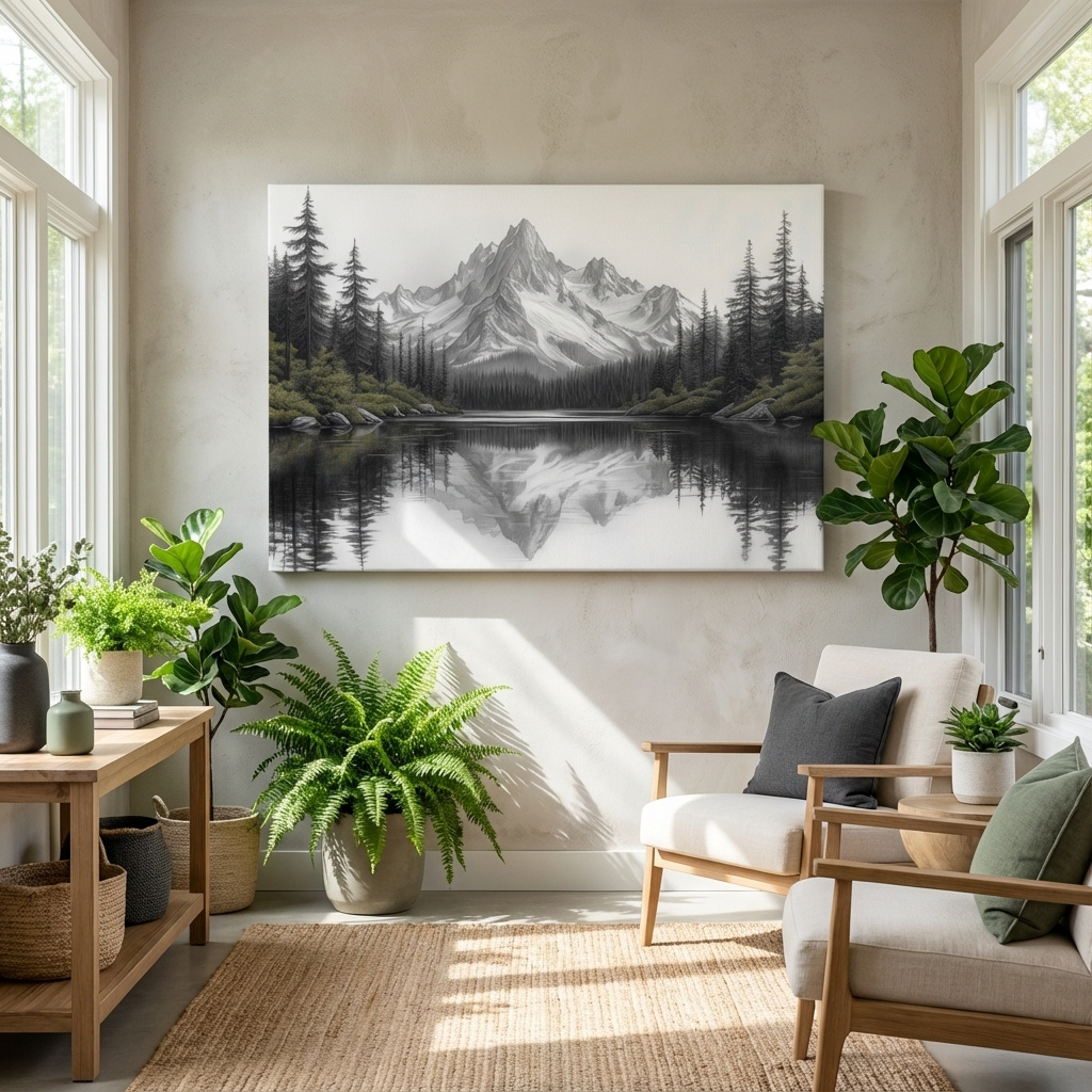 Mockup of Monochrome Alpine Mountain Lake Reflection Sketch Artwork - Minimalist Forest Landscape Wall Art