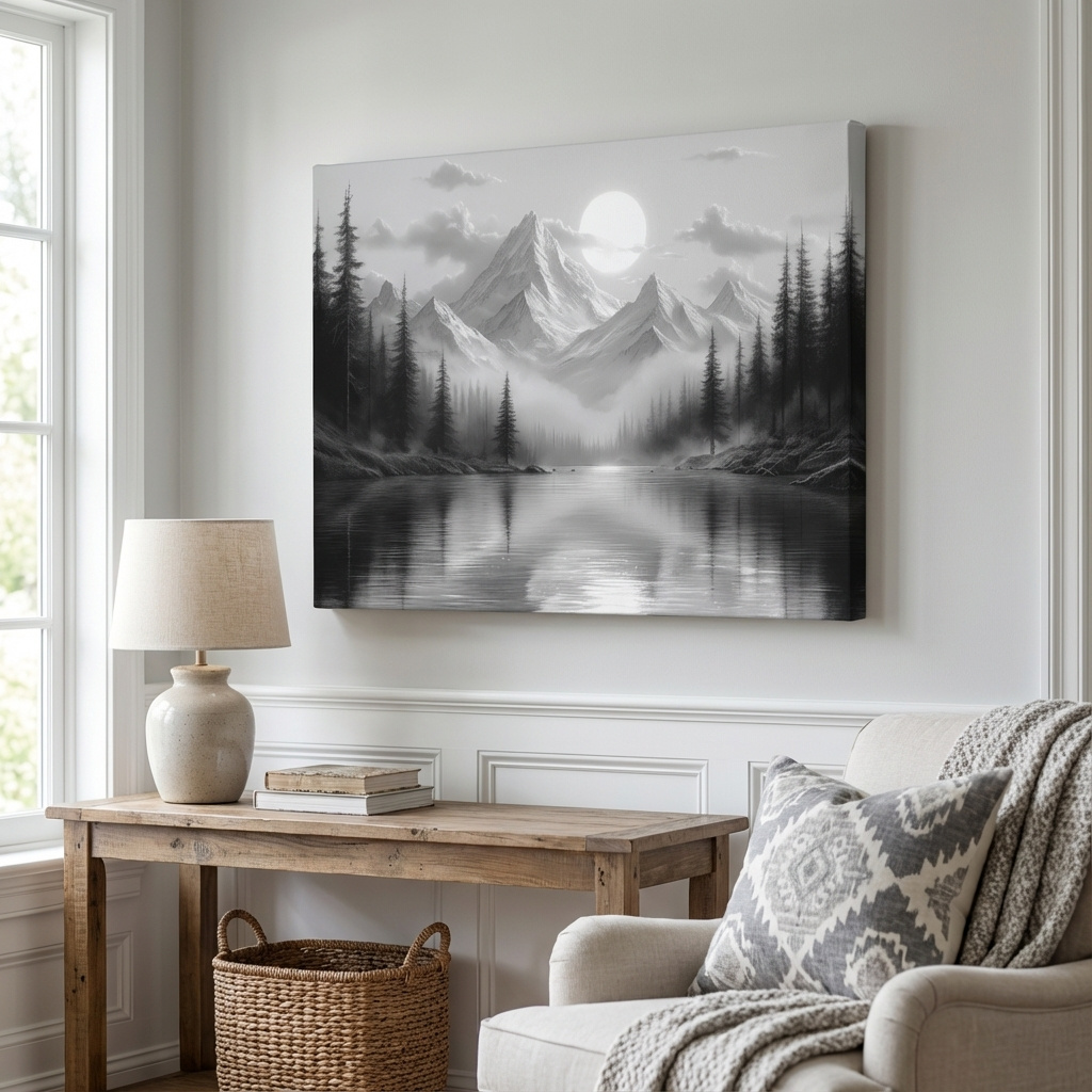 Mockup of Monochrome Misty Alpine Lake Landscape - Mountain Forest Wall Art