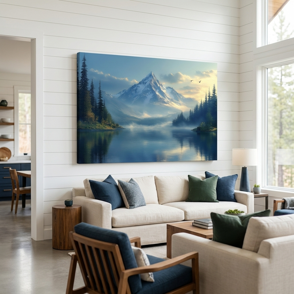 Mockup of Beautiful misty alpine lake and forest beneath a glacier at sunset, photographic wall art