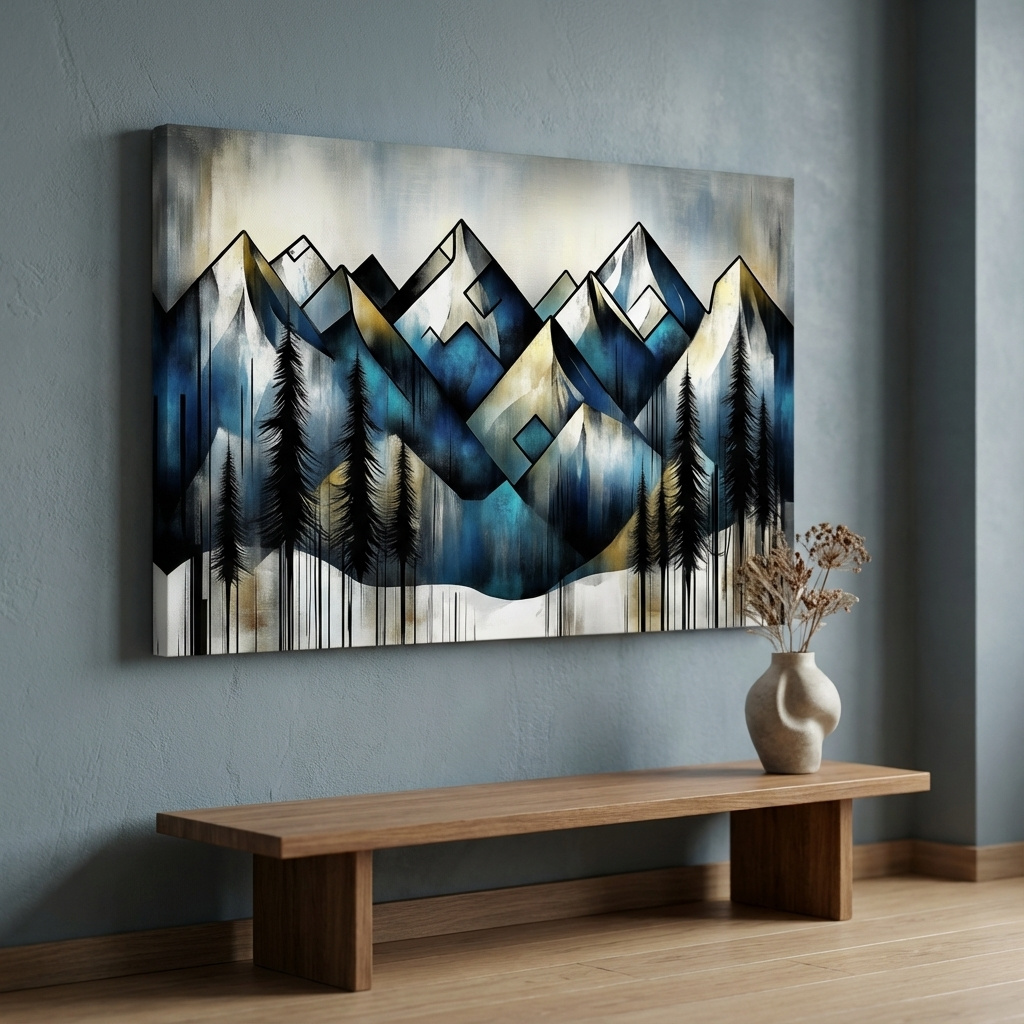Mockup of Abstract geometric mountain painting, textured wall art effect