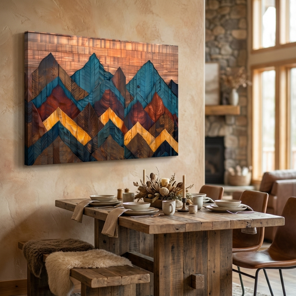 Mockup of Geometric Wood Grain Mountain Range - Rustic Landscape Artwork