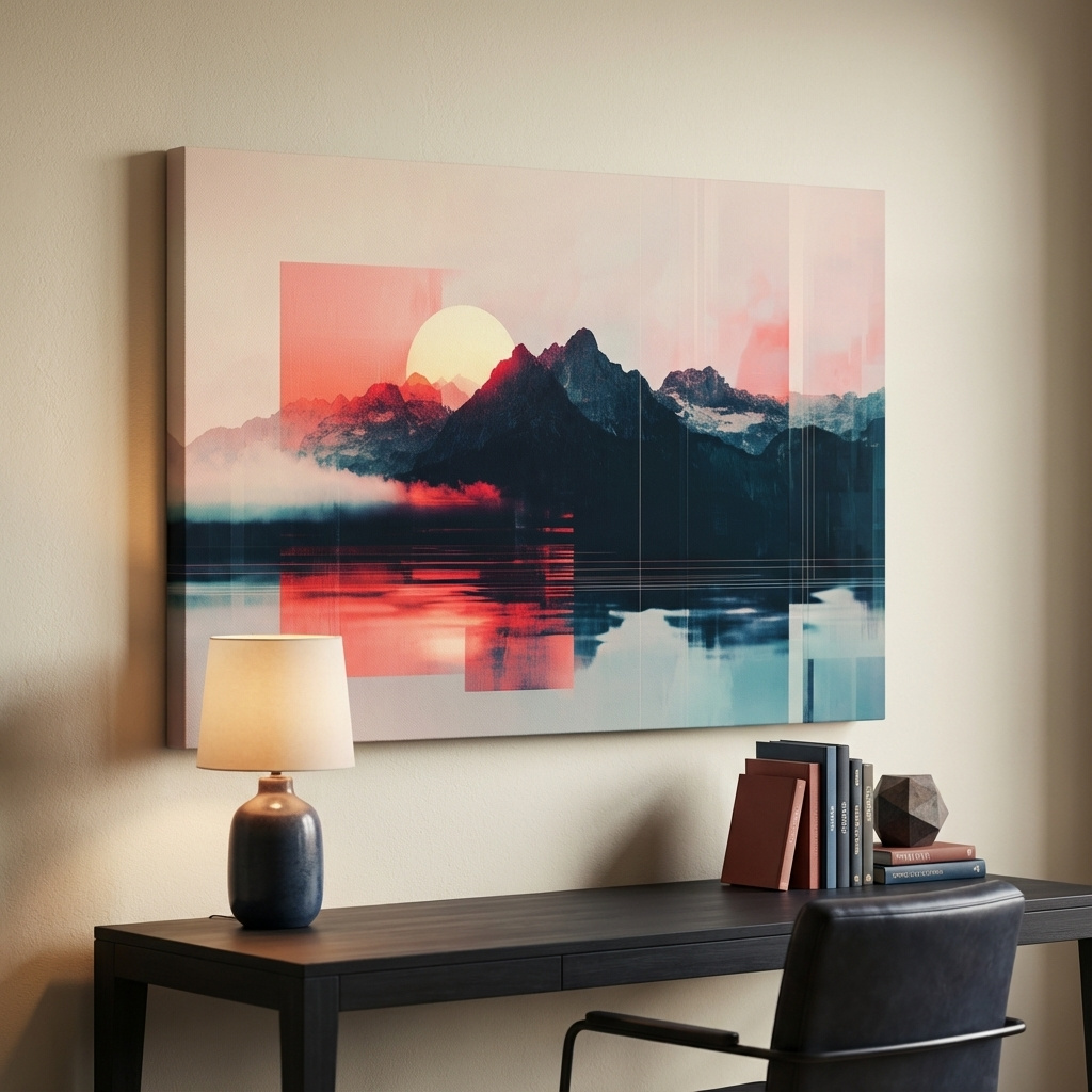 Mockup of Abstract Alpine Mountain Sunset Reflection - Modern Geometric Glitch Wall Art