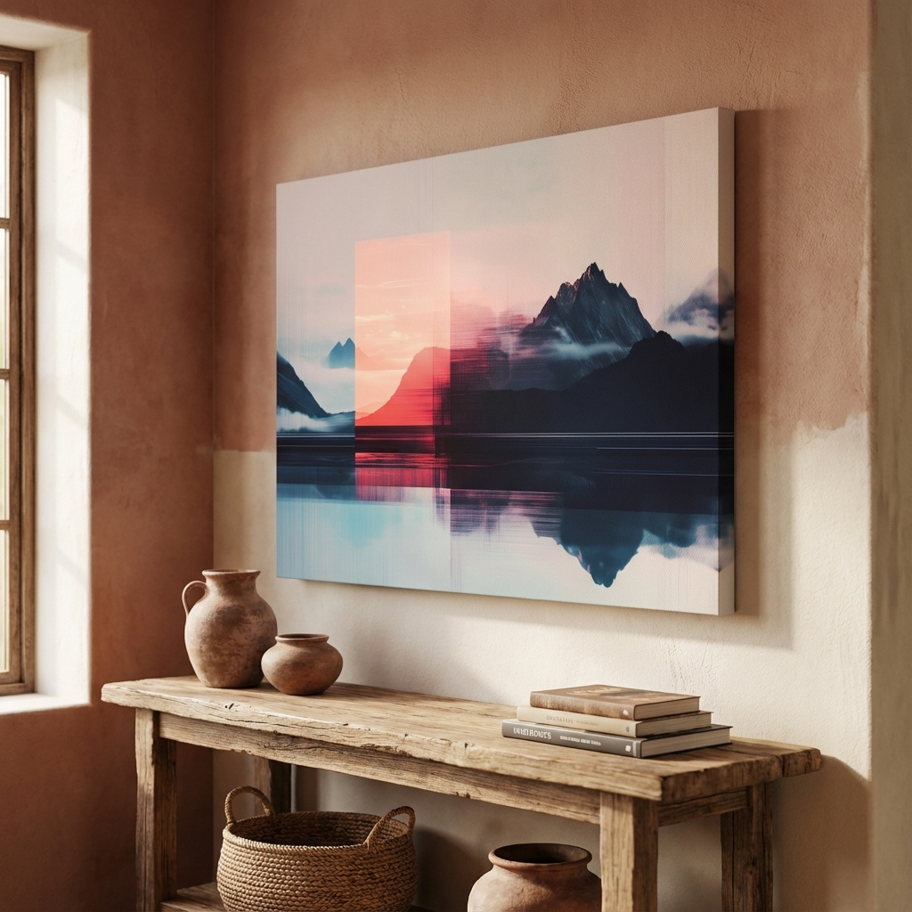 Mockup of Glitch Art Alpine Mountain Sunset - Abstract Modern Wall Art