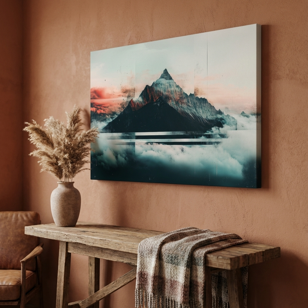 Mockup of Abstract Sunset Alpine Peak Above Clouds - Glitch Style Mountain Wall Art