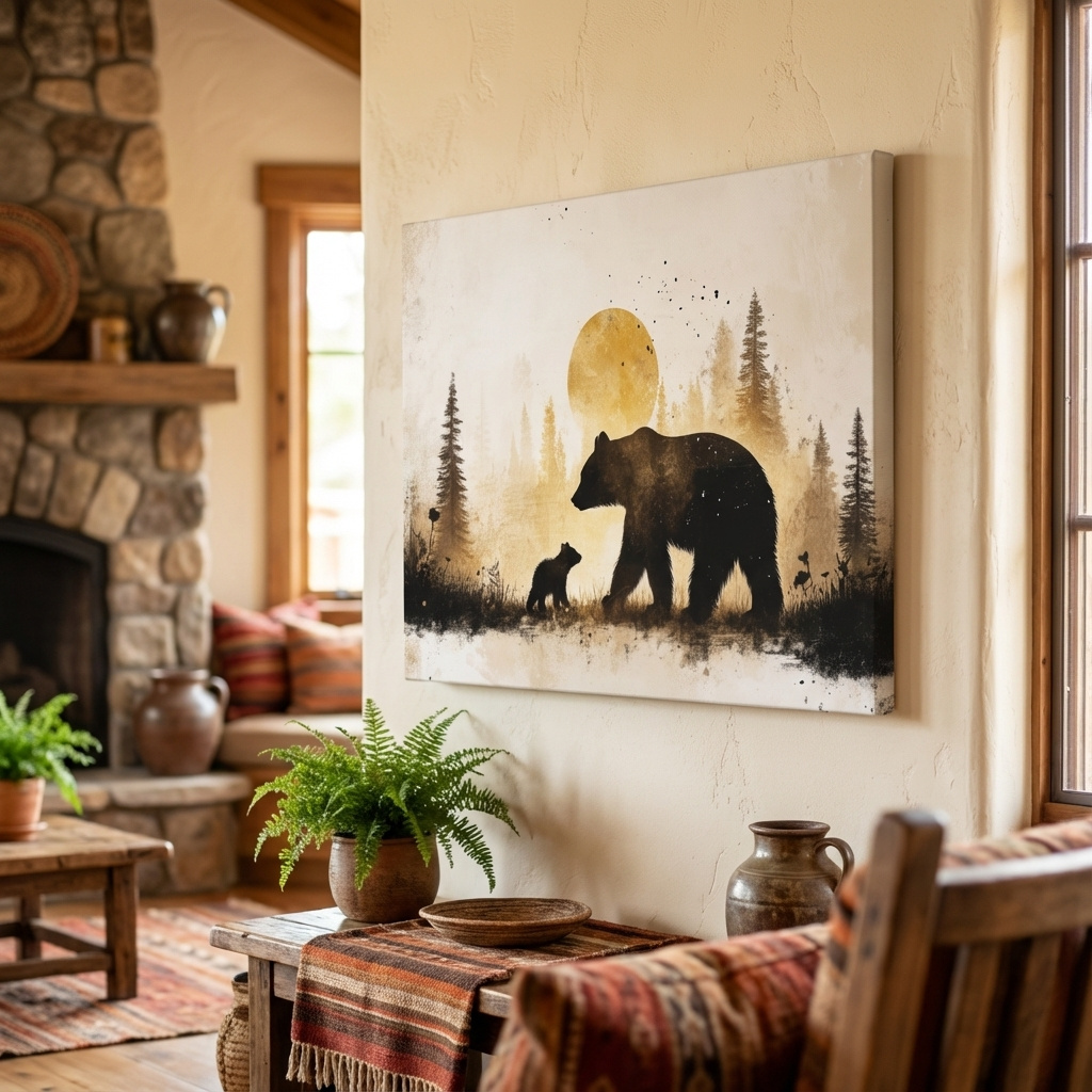 Mockup of Momma bear and her cub in the forest, textured illustration wall artwork