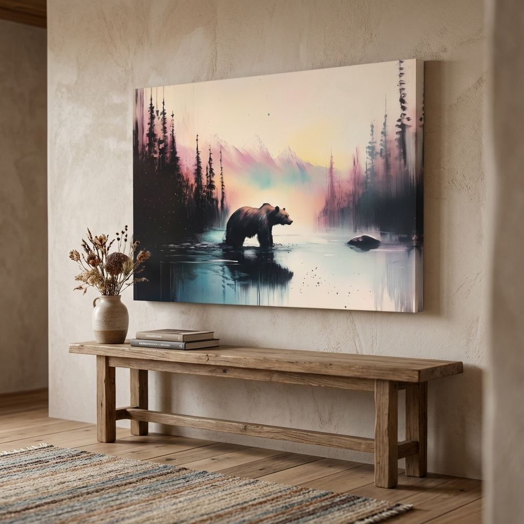 Mockup of Vibrant textured wallart painting, a grizzly bear in a river