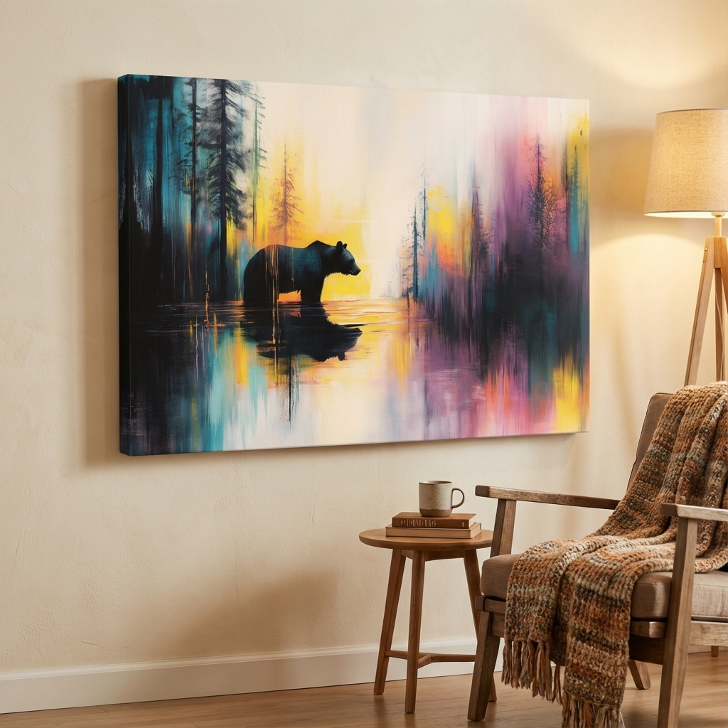 Mockup of Grizzly bear in a river painting, colorful abstract wall art