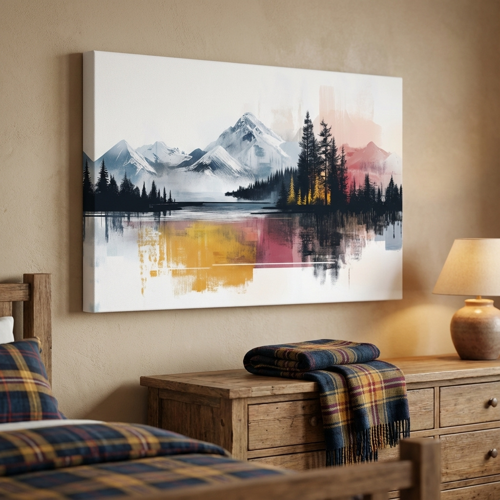 Mockup of Colorful abstract mountain painting, glacial lake and forest wall art