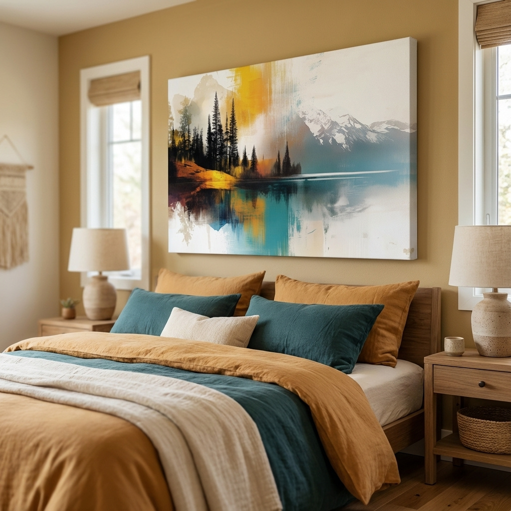 Mockup of Colorful abstract mountain wall art, textured painting effect