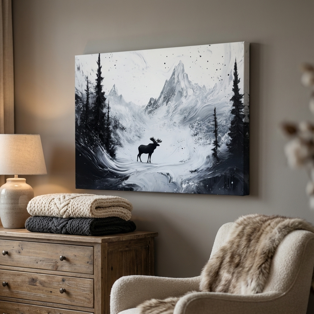 Mockup of Moody Monochrome Moose Alpine Meadows - Abstract Ink Wash Wildlife Wall Art