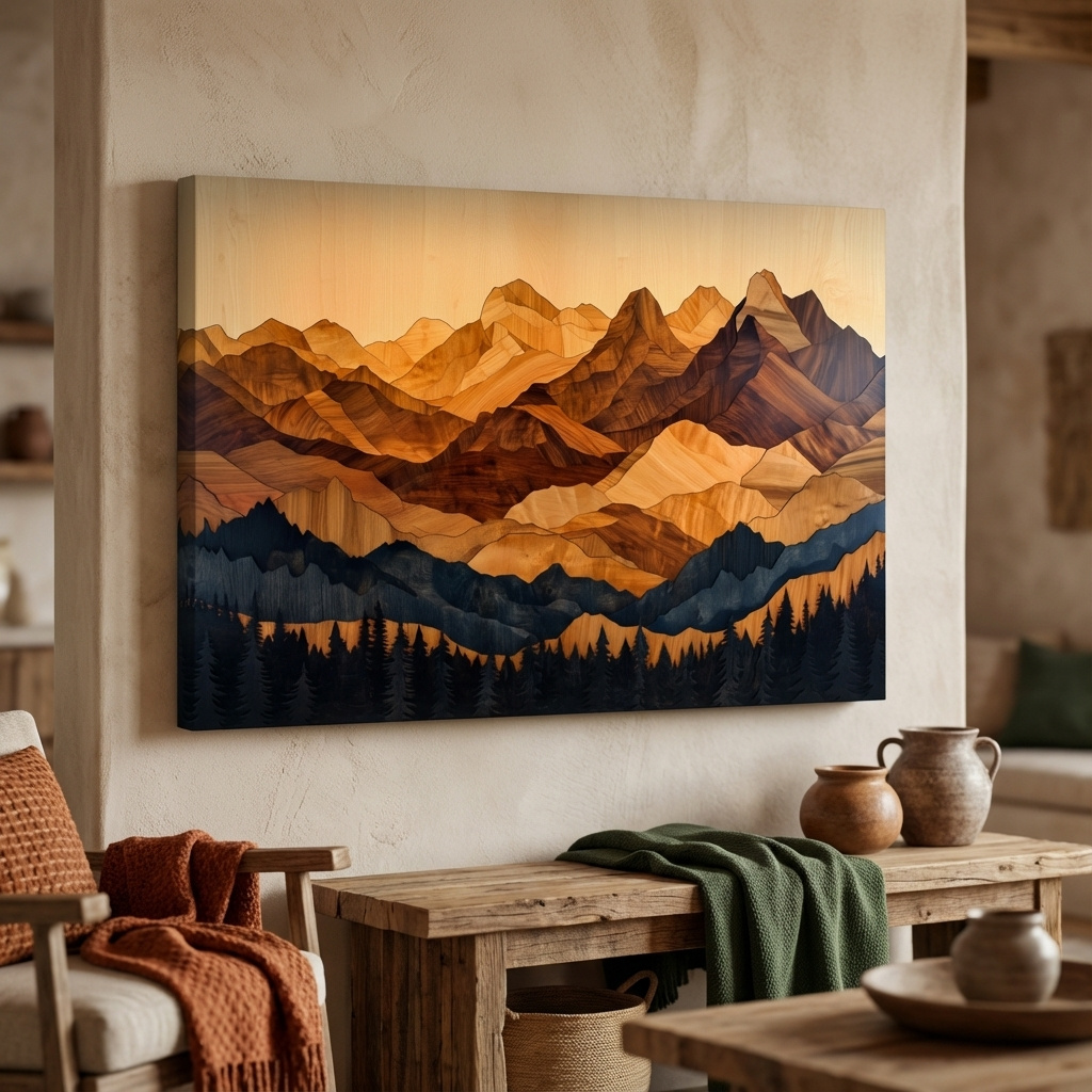 Mockup of Mountain and forest wall art, 3d wood intarsia style layered wood effect