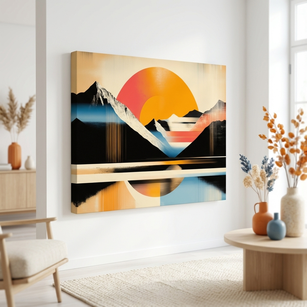 Mockup of Abstract alpine mountain wall art, bold retro geometric landscape with vibrant colors