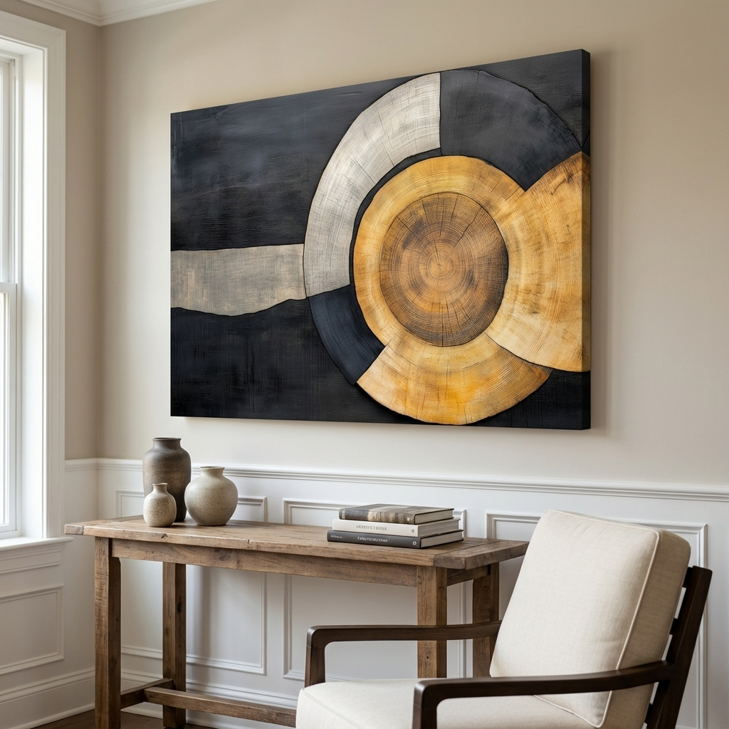 Mockup of Wood grain cut log modern wall art, circular concentric design with earthy tones