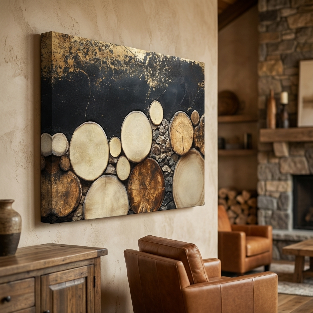 Mockup of Rustic wood and stone wall art, textured effect natural elements artwork