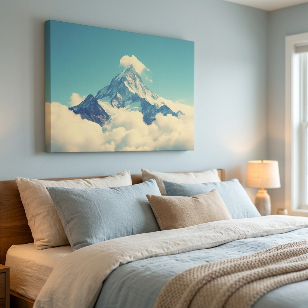 Mockup of Minimal painting of a mountain peak emerging through clouds, serene artwork with soft blue sky
