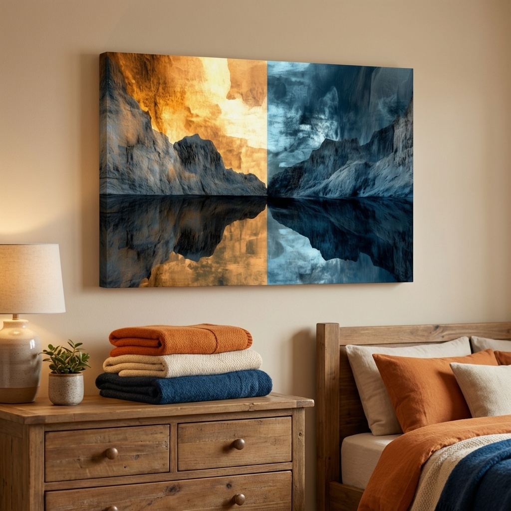 Mockup of Dual tone mountain landscape artwork, fiery sunset and cool twilight reflection