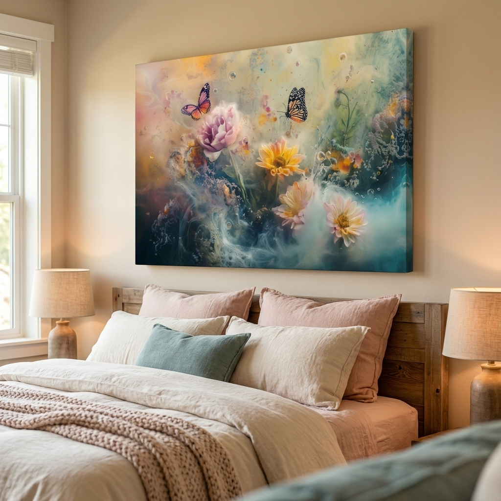 Mockup of Abstract butterfly and flower wall art painting, dreamy pastel artwork