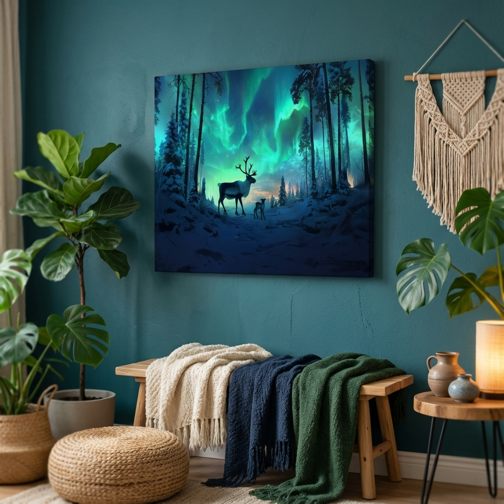 Mockup of Caribou buck and fawn under vibrant northern lights in a snowy winter forest