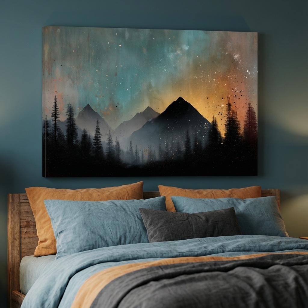 Mockup of Colorful mountain sunrise artwork, misty forest and starry sky painting