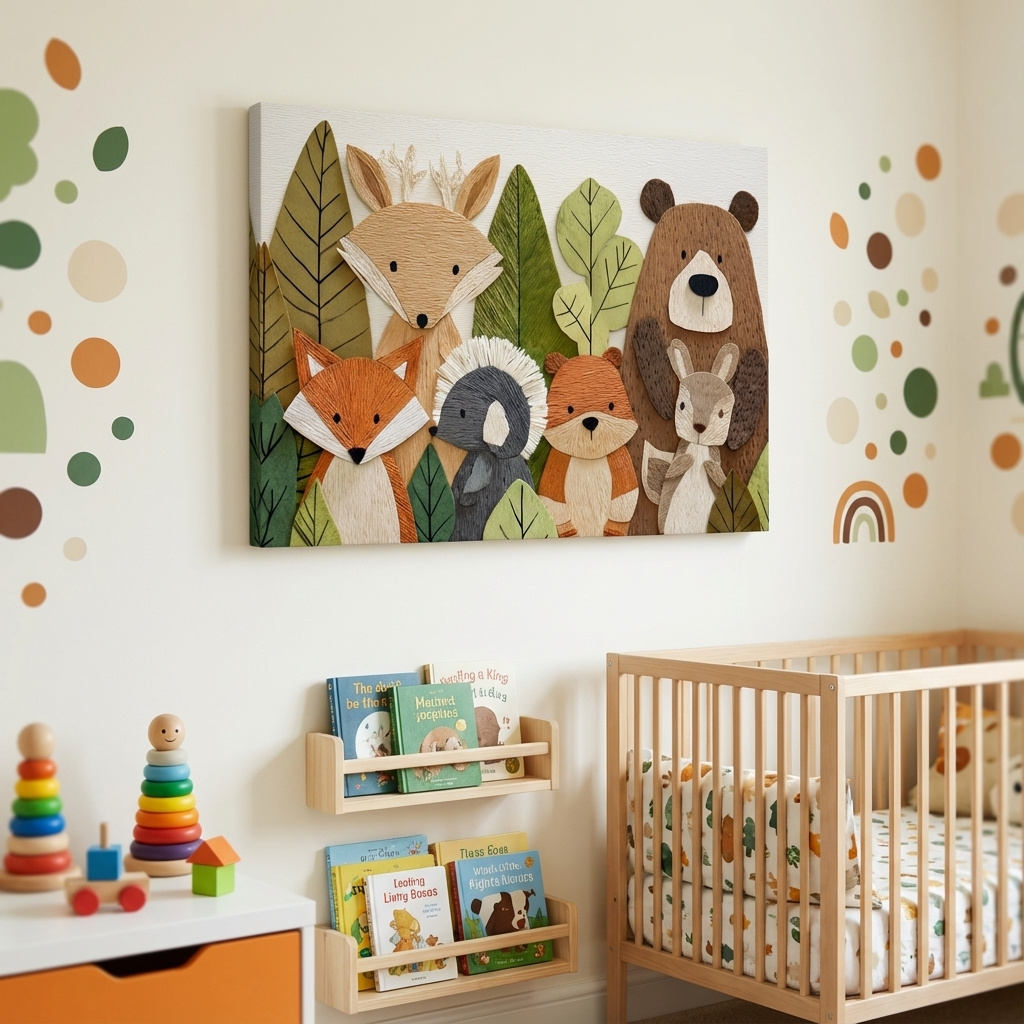 Mockup of Woodland animal nursery decor, cute forest animal wall art in textured embroidery style