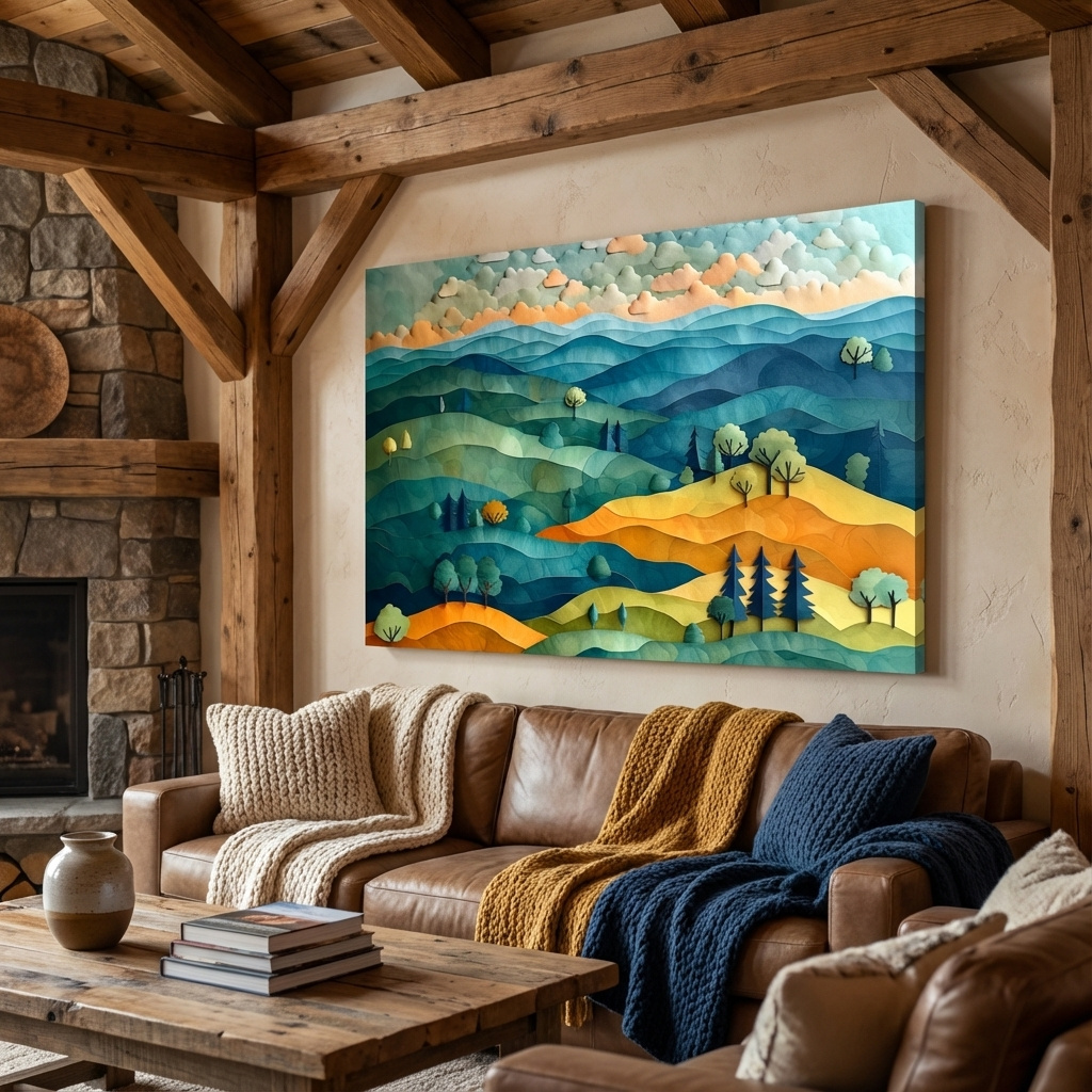 Mockup of Colorful rolling hills and trees artwork, layered paper cutout effect