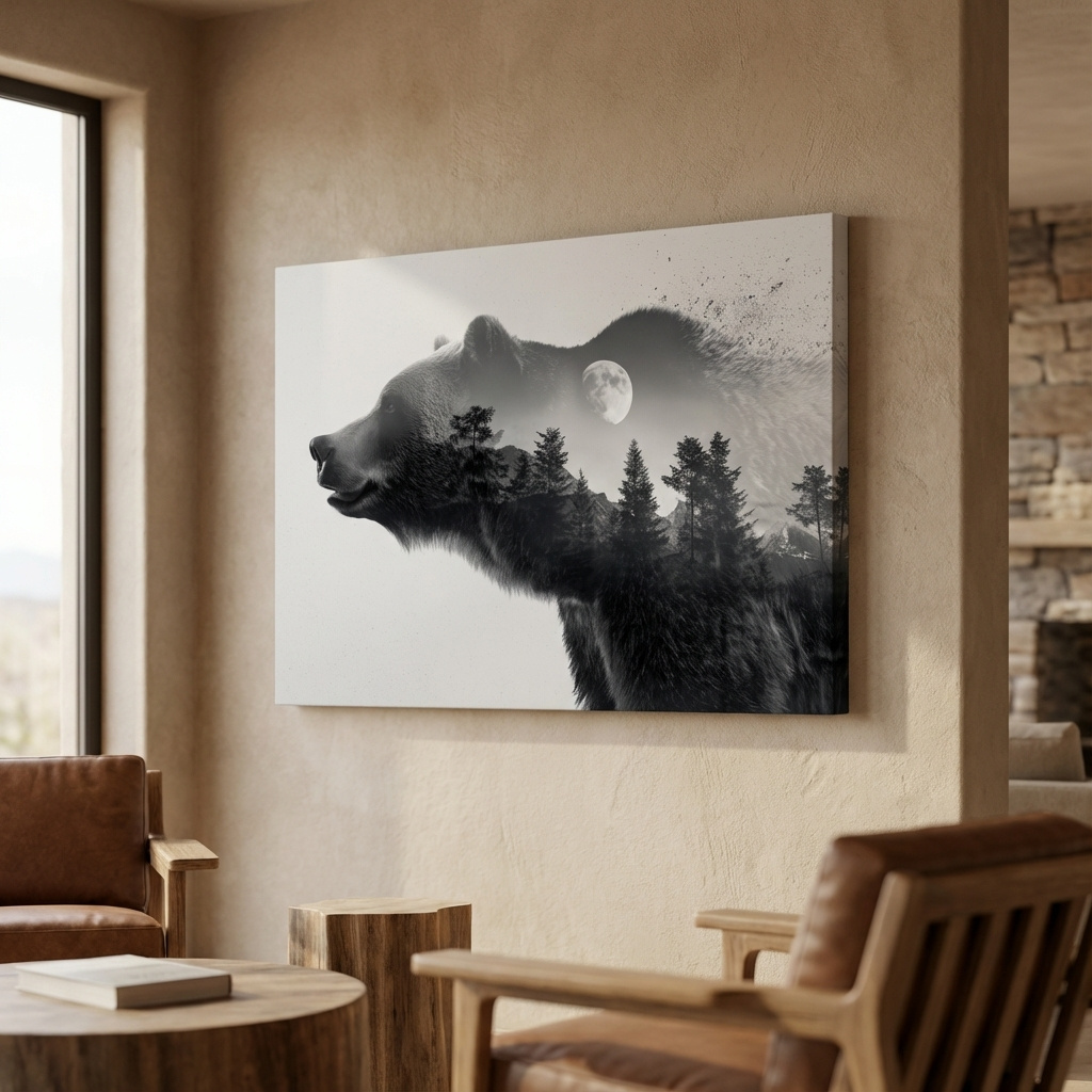 Mockup of Grizzly bear wall art, moonlit forest double exposure artwork