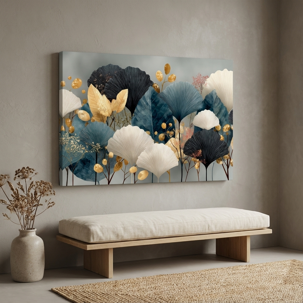 Mockup of Luxury ginkgo leaf wall art, botanical boho artwork with elegant gold accents