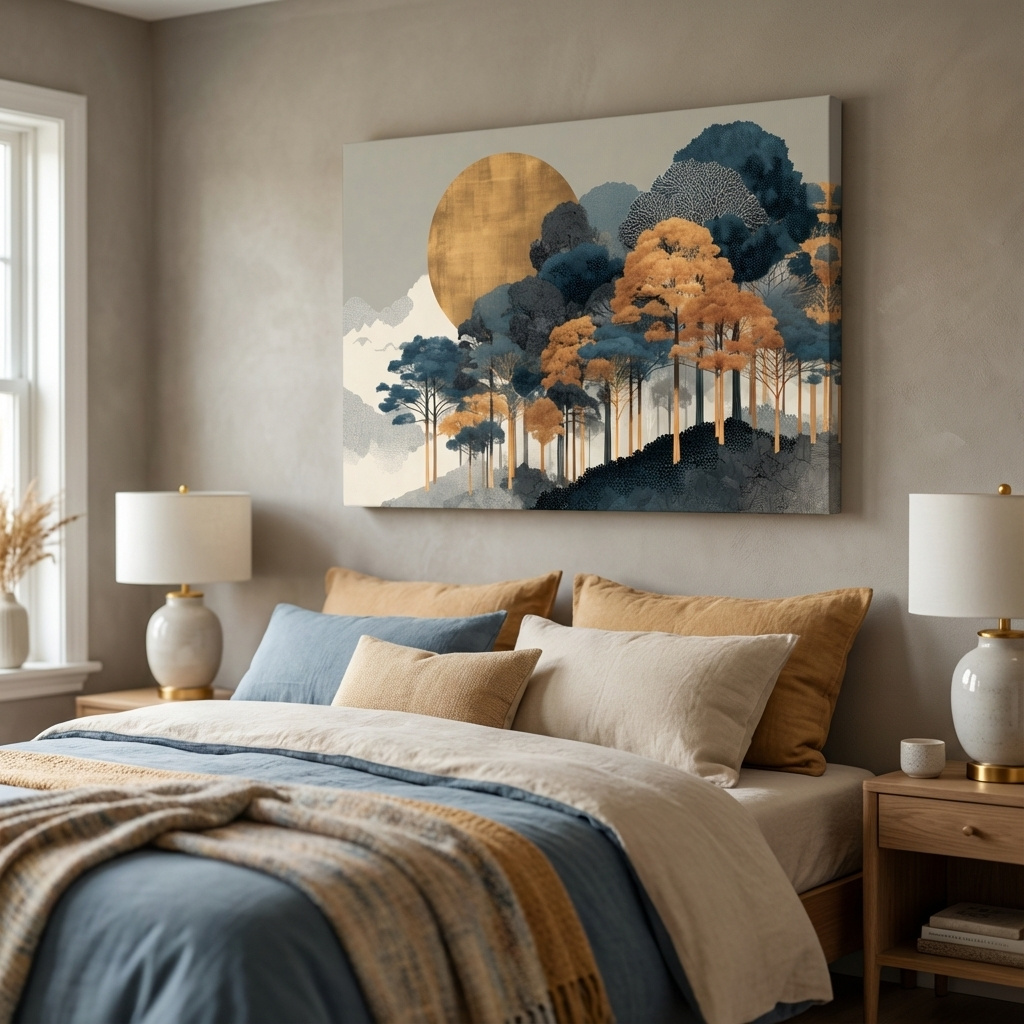 Mockup of Modern chic boho forest wall art, elegant gold, teal and orange artwork