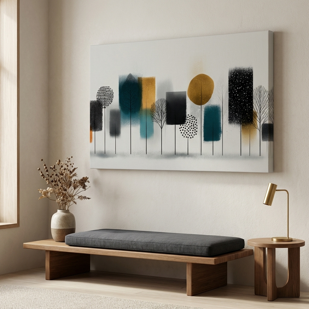 Mockup of Abstract forest grove wall art, minimalist shapes in a modern Scandinavian style artwork