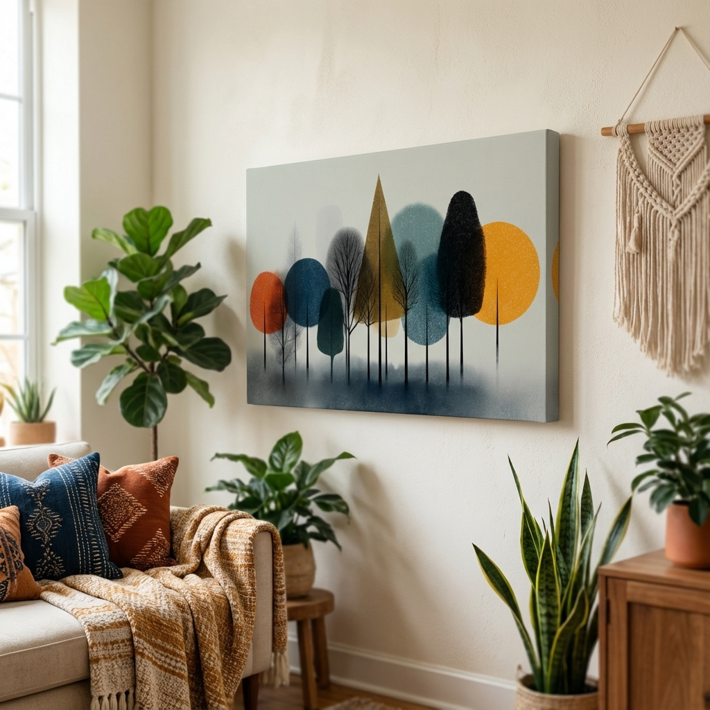 Mockup of Modern abstract Scandinavian forest art: Minimalist geometric tree wall art