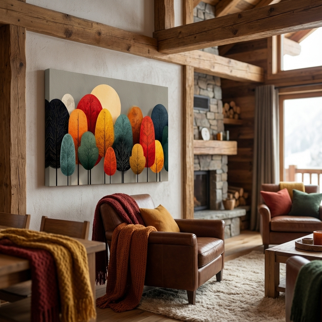 Mockup of Modern Abstract Scandinavian Forest Canvas: Minimalist Geometric Trees in Earth Tones