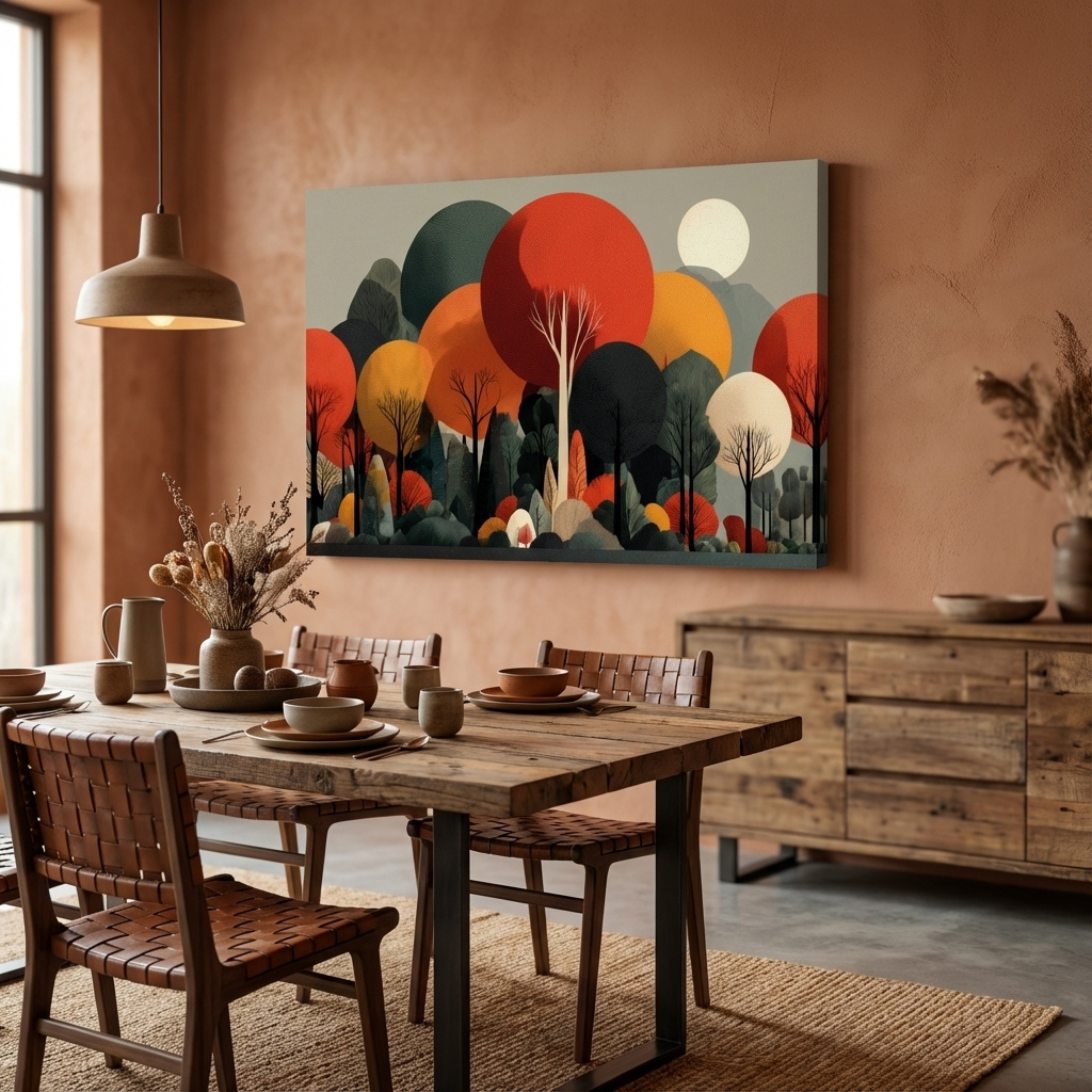 Mockup of Mid-Century Modern Abstract Forest Canvas Art: Bold Geometric Tree Wall Art