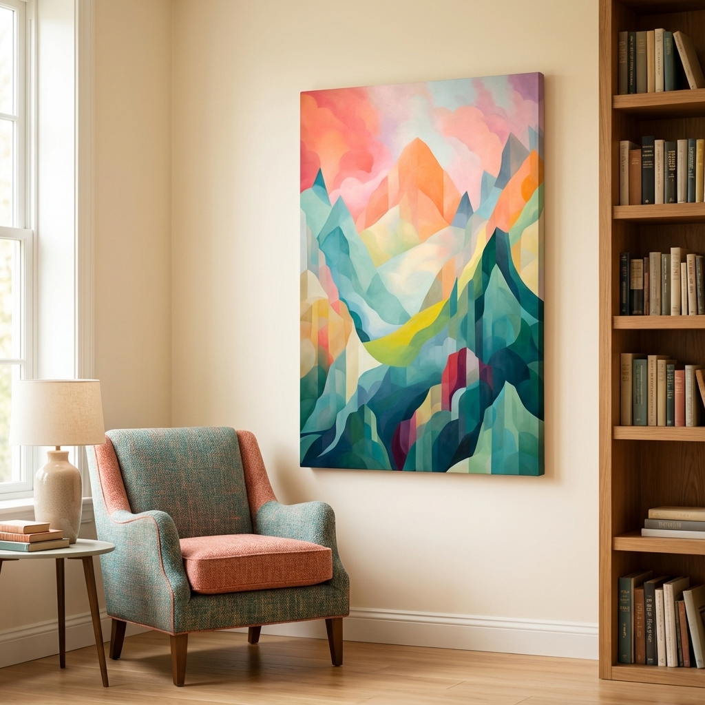 Mockup of Abstract painting of mountains at sunset