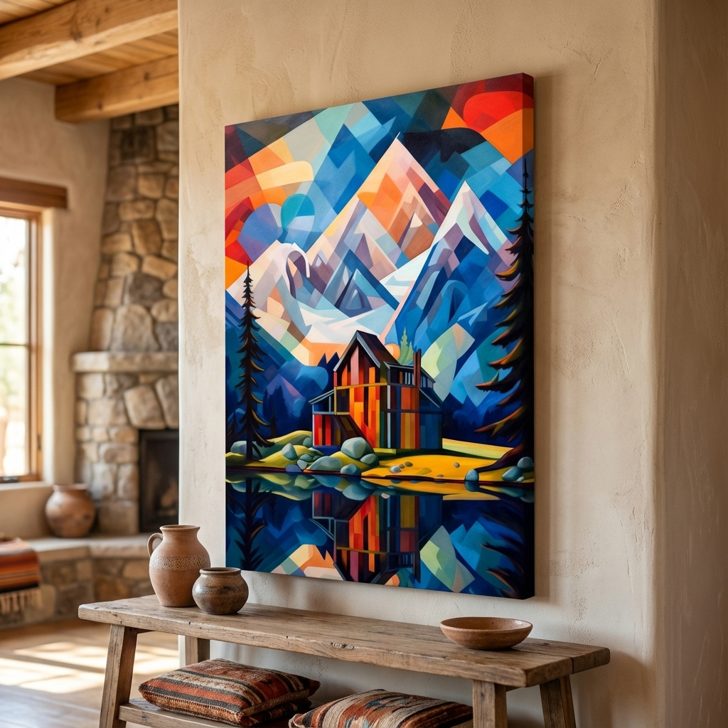 Mockup of Vibrant Geometric Mountain Lake Cabin Painting - Abstract Alpine Wall Art