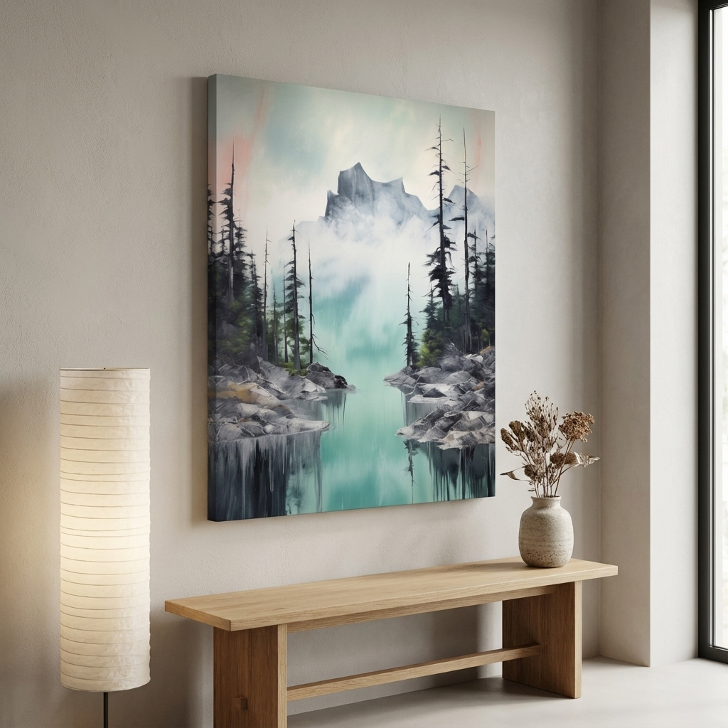 Mockup of Painting of a turquoise alpine lake and mountain in the fog