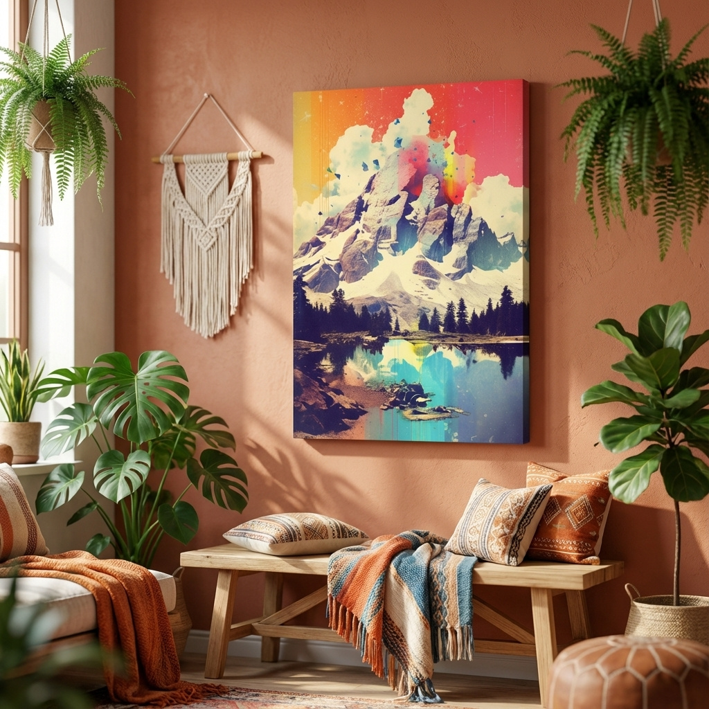 Mockup of Colourful abstract painting of a mountain and lake
