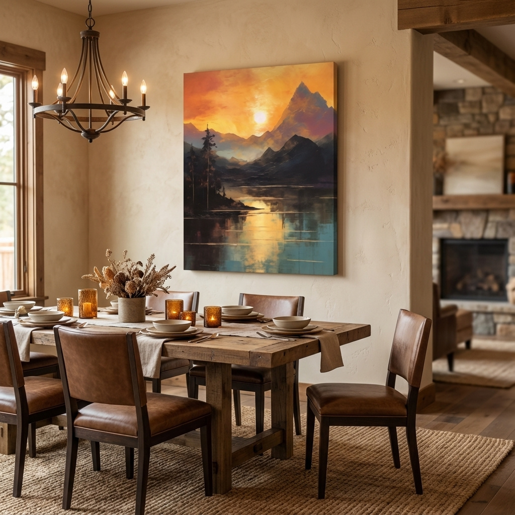 Mockup of Sunrise mountain lake artwork, oil painting print wall art