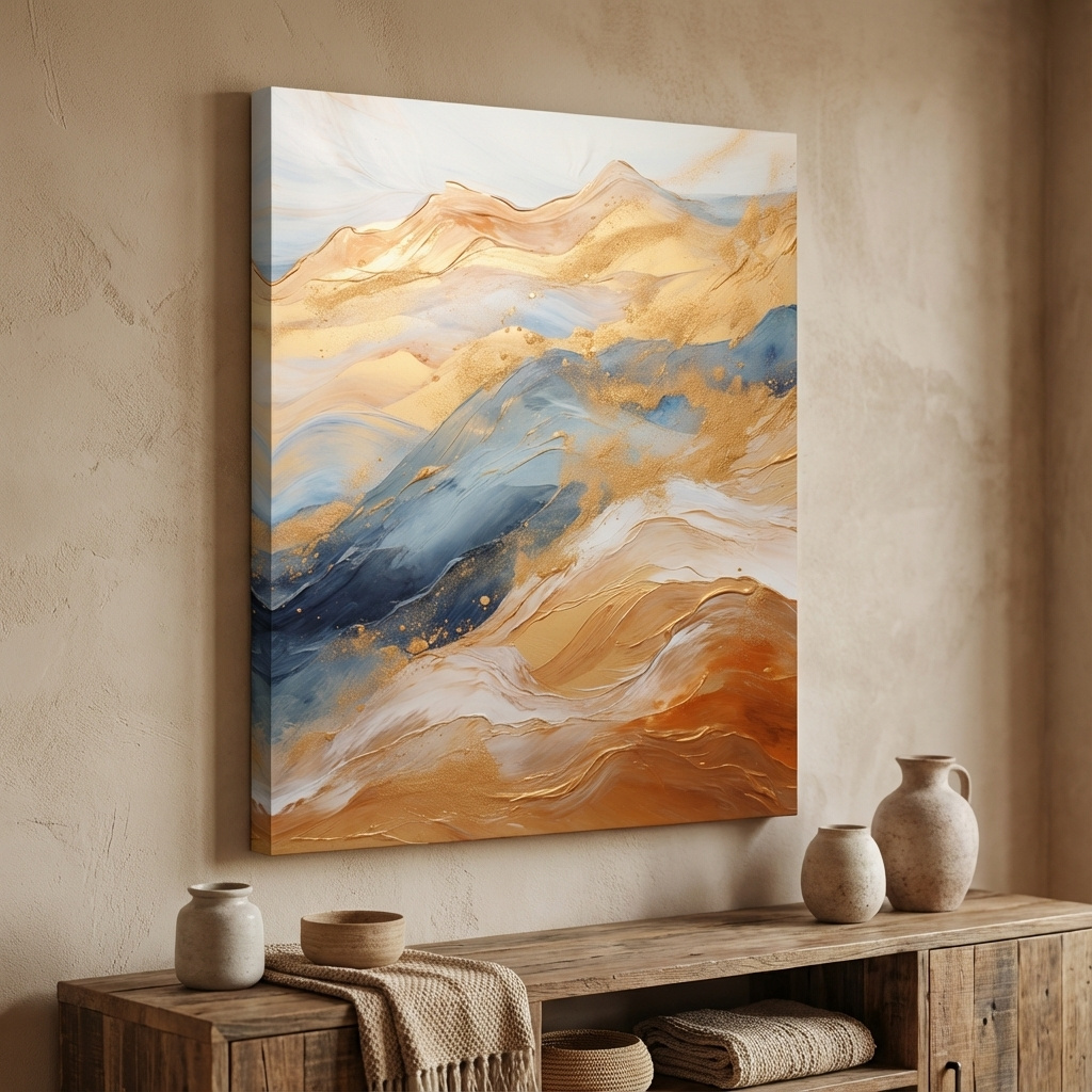 Mockup of Abstract golden swirling painting forming mountains