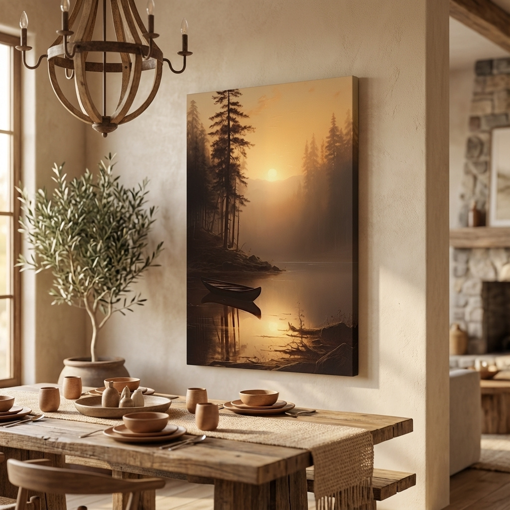 Mockup of Sunset painting of a canoe on a lake at golden hour