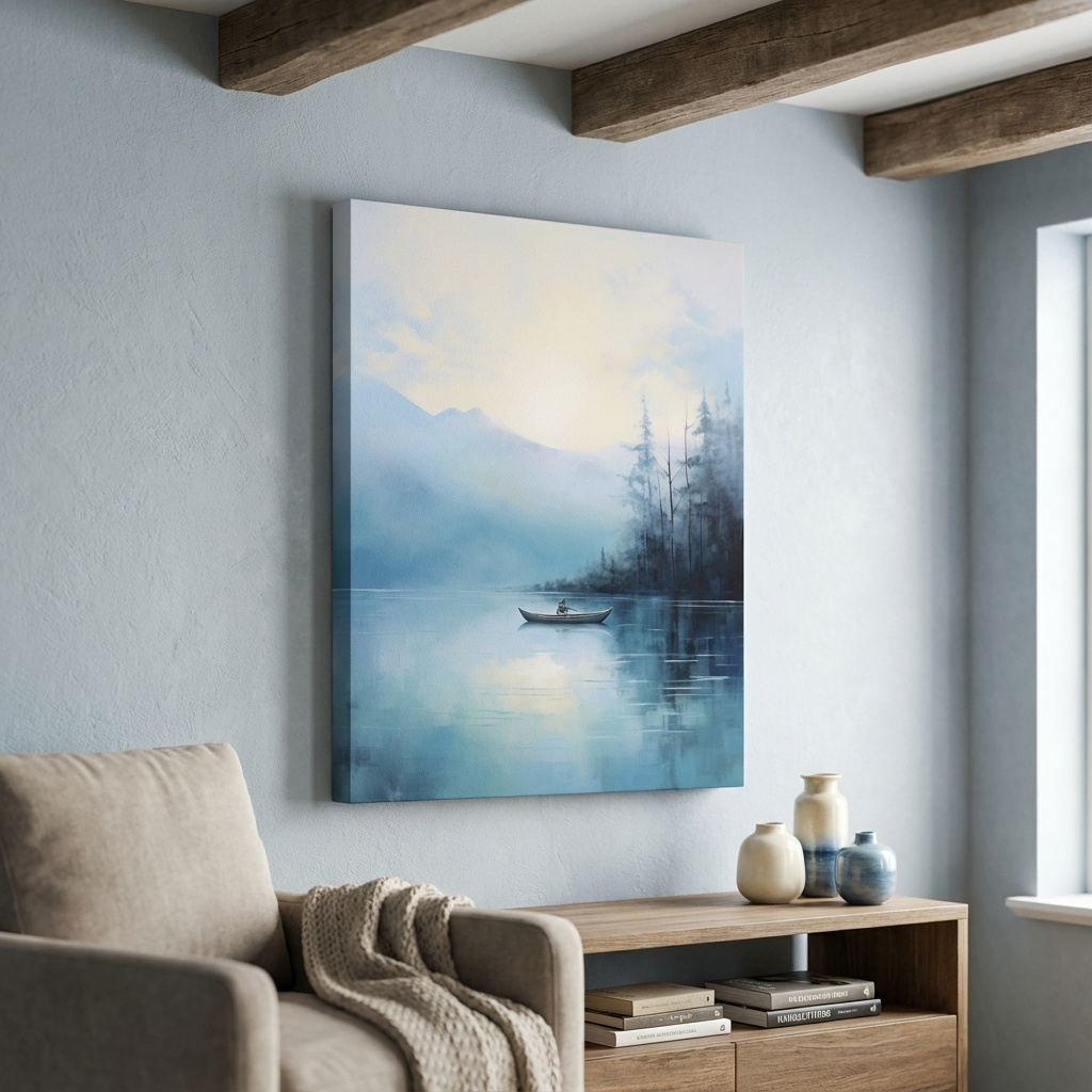 Mockup of Painting of a fisherman on a torquoise lake