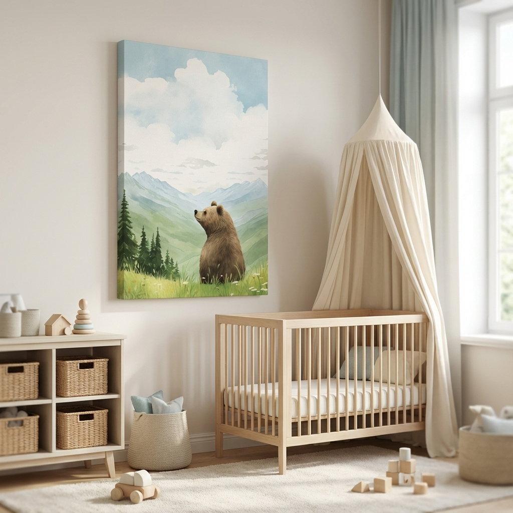 Mockup of Illustration of a happy bear sitting in the grass