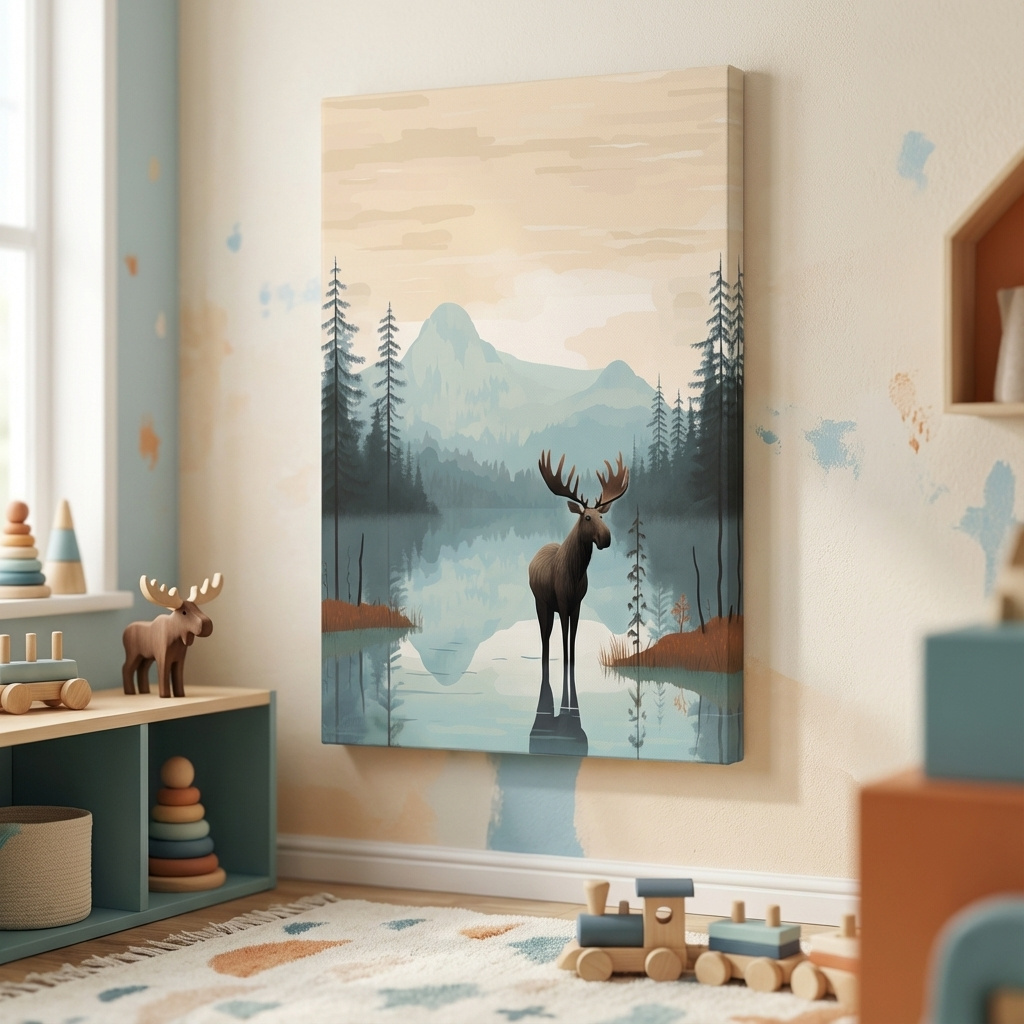 Mockup of Childrens illustration of a moose in the mountains