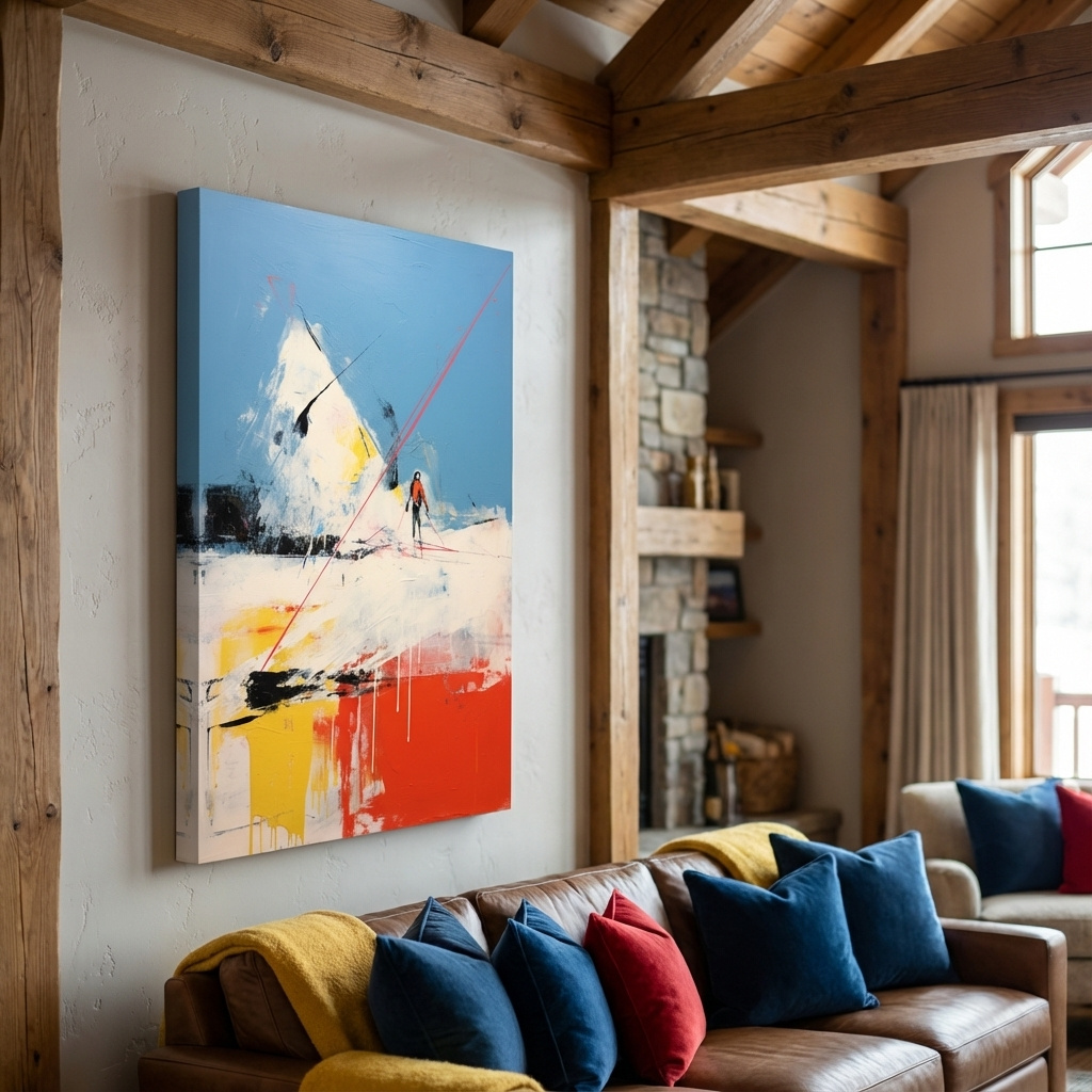 Mockup of Expressionist style abstract painting of a skier