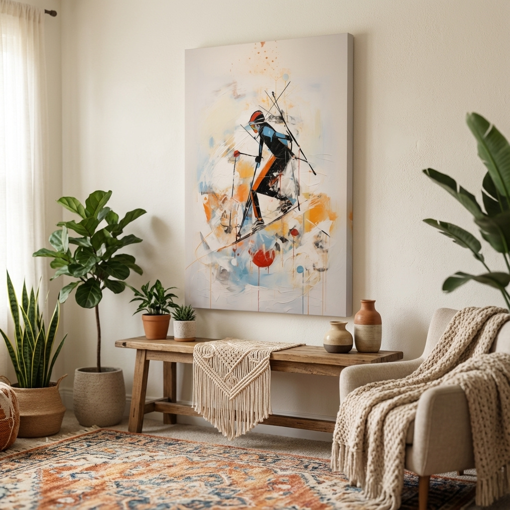 Mockup of Abstract Ski Mountaineer Painting - Modern Winter Adventure Wall Art