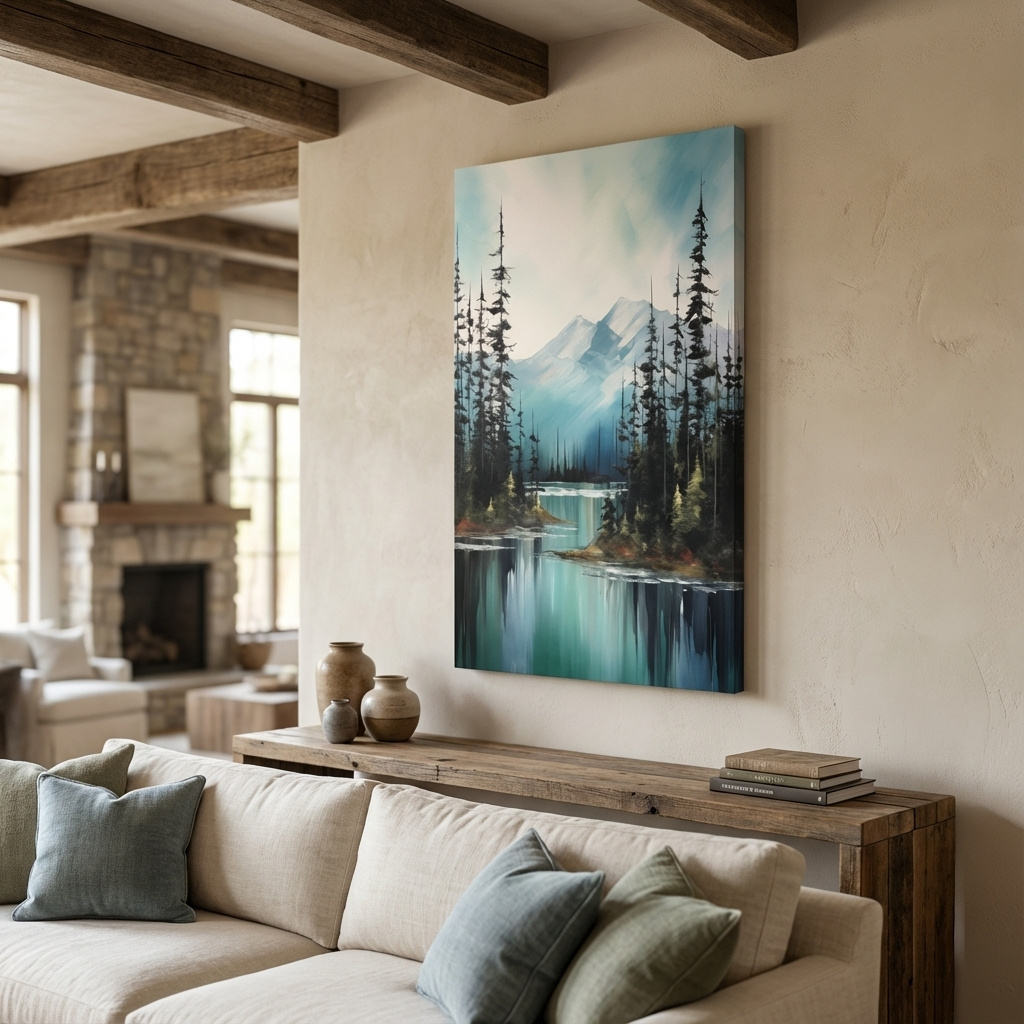 Mockup of Serene mountain painting, turquoise lake in the alpine