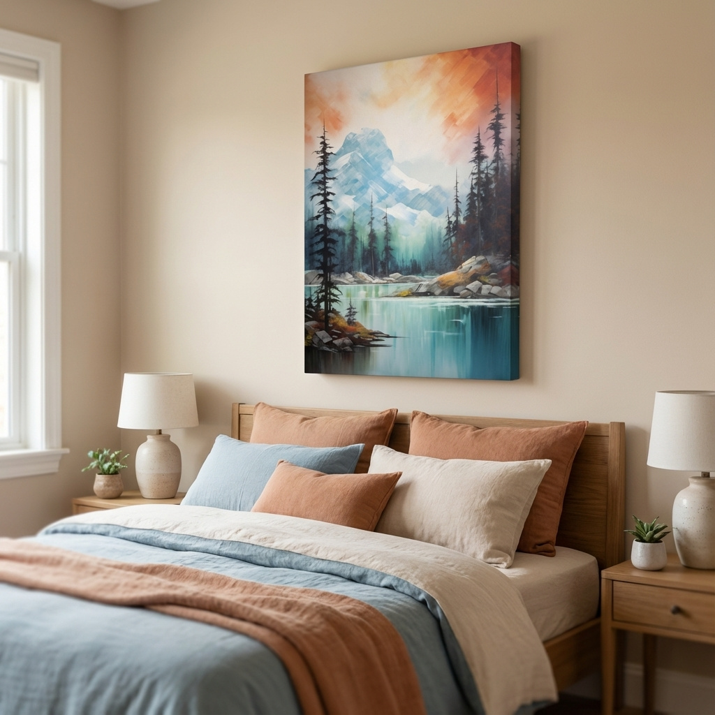 Mockup of Beautiful mountain painting, turquoise lake in the alpine at sunset
