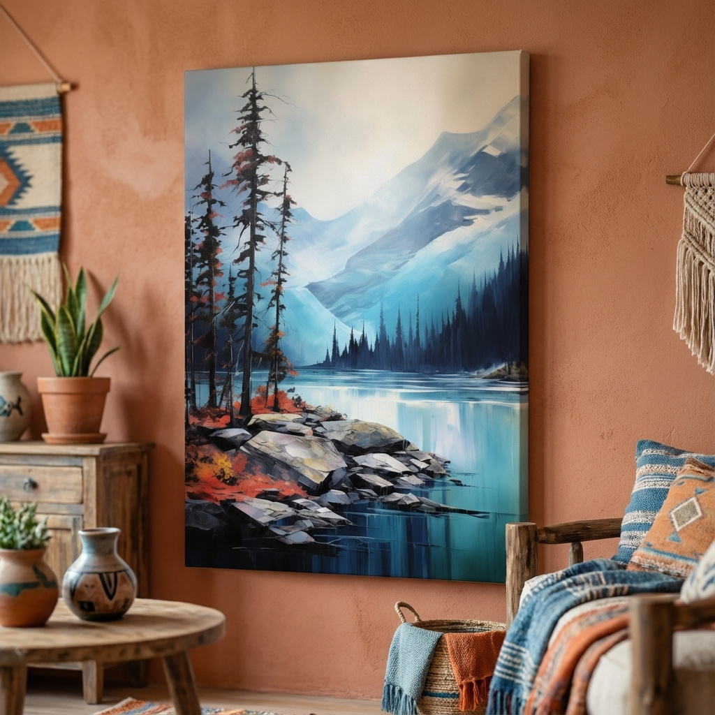 Mockup of Serene painting, trees on a torquoise alpine lake