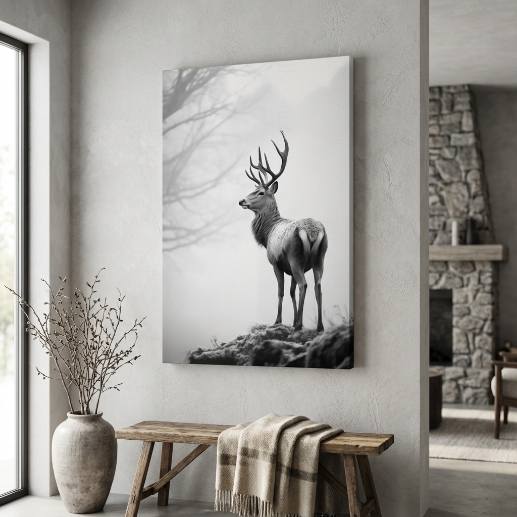Mockup of Black and white photograph of a majestic deer on a winter morning, serene wildlife artwork