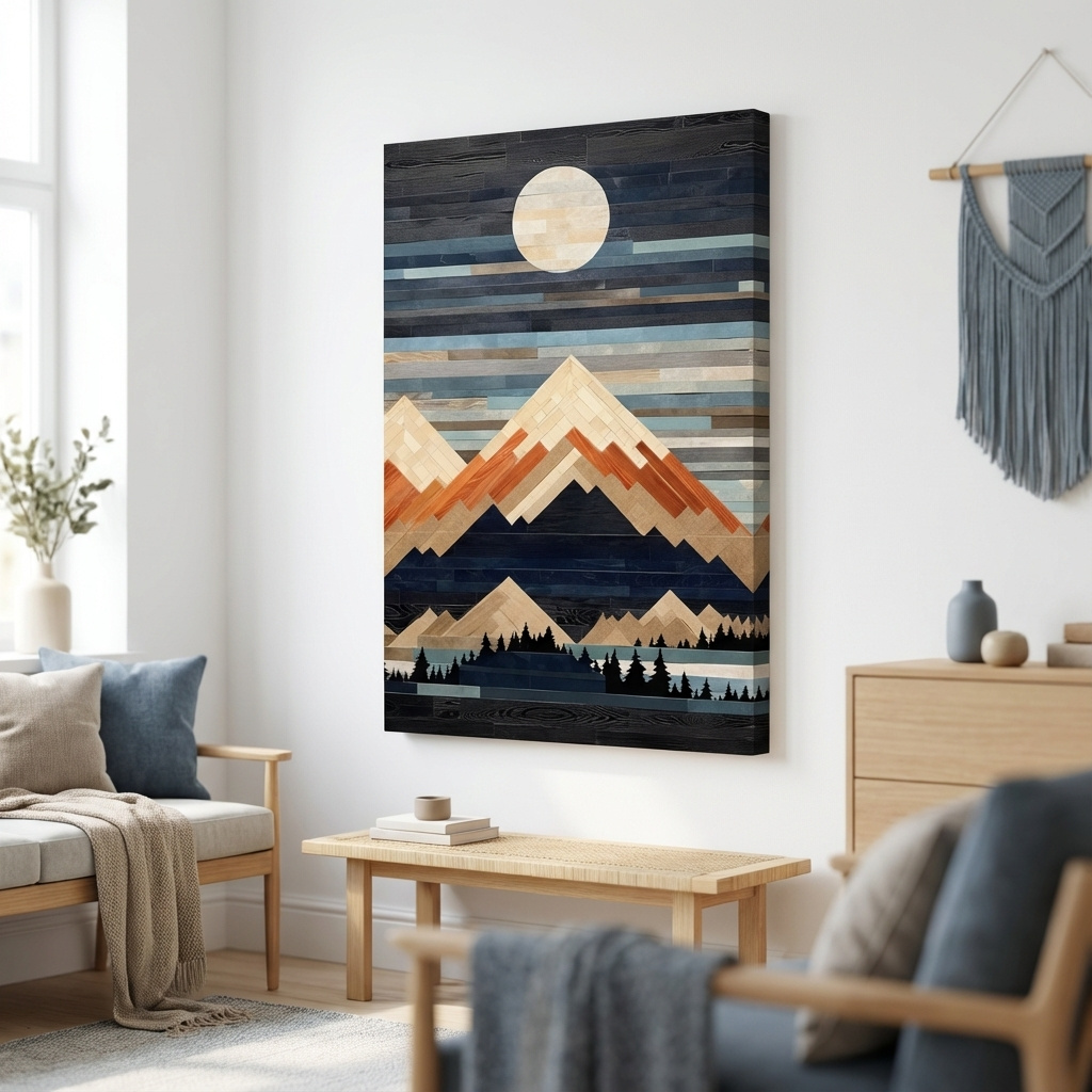 Mockup of Wooden panel art, painted wood mountains under the night sky