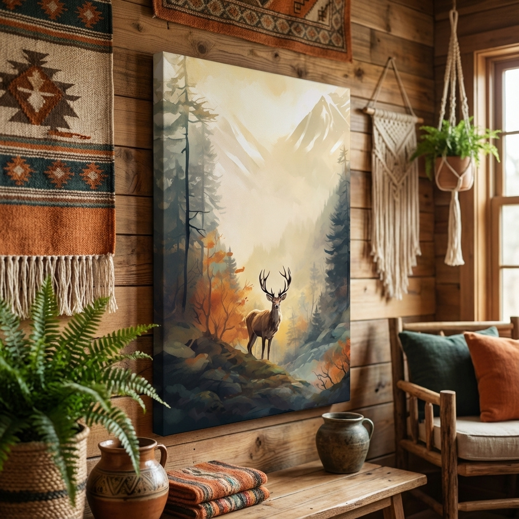 Mockup of Painting of a deer standing in an autumn forest